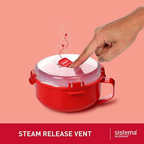 Sistema Microwave Breakfast Plastic Bowl | Round Microwave Container with Lid & Steam Release Vent | 850 ml | BPA-Free | Red |