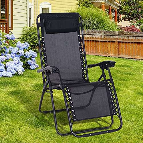 Outsunny Zero Gravity Chair Metal Frame Texteline Outdoor Armchair Outdoor Folding and Reclining Head Pillow, Black
