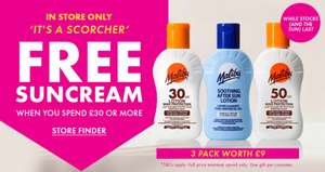 Free Malibu Sun Cream Pack, Worth £9, when you spend £30 instore (Exclusions apply)
