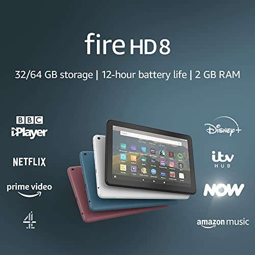 Fire HD 8 Tablet, 8" HD display, 32 GB, Black - with Ads, designed for portable entertainment (2020 release) - £34.99 @ Amazon