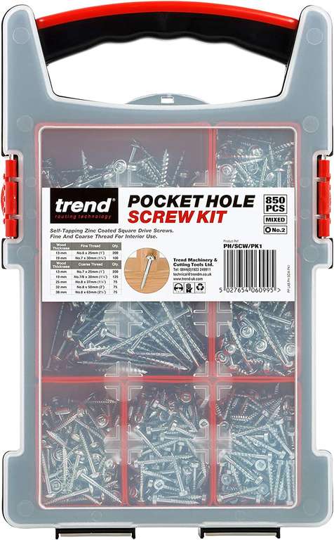 Trend Pocket Hole Screws for Hard & Softwoods, Selection Pack of 850, Self-Tapping Zinc Coated Square Drive Screws in Carry Case PH/SCW/PK1