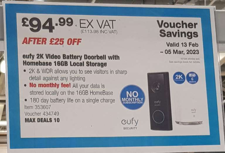 eufy 2K Video Battery Doorbell with HomeBase 2 16GB Local Storage £113.98 - Costco In-store only