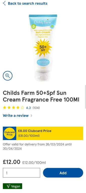 Childs Farm 50+ Spf Sun Lotion Spray Fragrance Free 100Ml - Clubcard Price