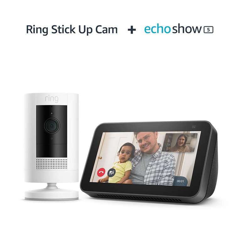 Ring Stick Up Cam by Amazon + Echo Show 5 2nd gen 2021 release, Black, smart display with Alexa | Battery / plug in powered £79.99 @ Amazon