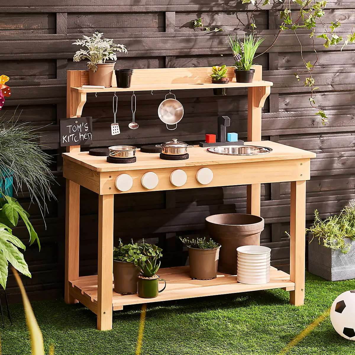 Wooden Mud Kitchen with Utensiles, Pots & Pans, Plant Pots and ...