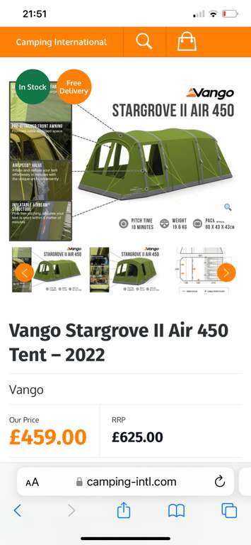 Vango Stargrove II Air 450 Tent – 2022 - £413.10 (With Code) Delivered @ Camping International