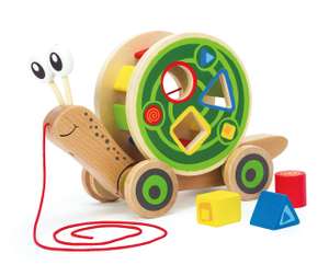 Hape Walk-A-Long Snail Toddler Wooden Push and Pull Toy with Colour-Coded Shape Sorter
