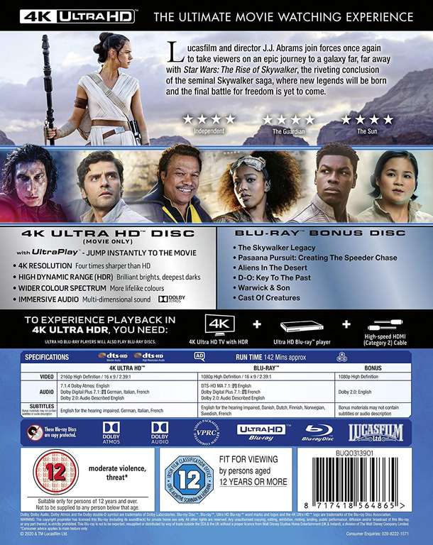 Star Wars Rise of Skywalker (4K UHD + Blu-ray + Bonus) £5.95 or best offer @ eBay/soundvisioncollectables