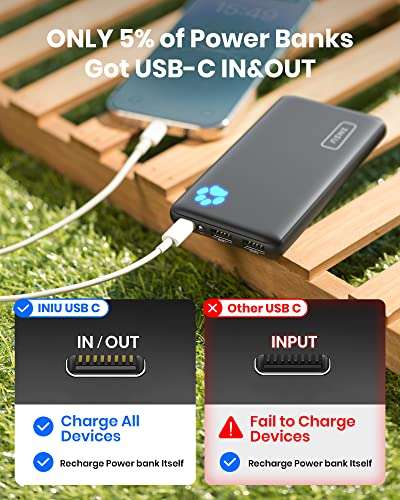 INIU Power Bank, Slimmest & Lightest 10000mAh Portable Charge 15W High-Speed (USB C In & Output) - £9.30 (with voucher) @ Amazon