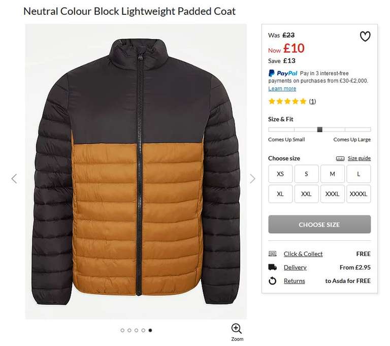 Mens Neutral Colour Block Lightweight Padded Coat (All Sizes) : £10 (£9 with Asda George Rewards) + Free Click & Collect @ George (Asda)