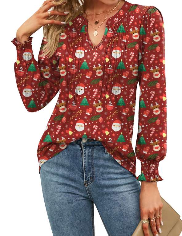 Womens V Neck Tops Puff Short Sleeve T-Shirt Pleated Floral Printed ...