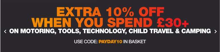 Extra 10% off, when you spend £30+, on Motoring,Tools, Technology, Child Travel & Camping with discount code @ Halfords