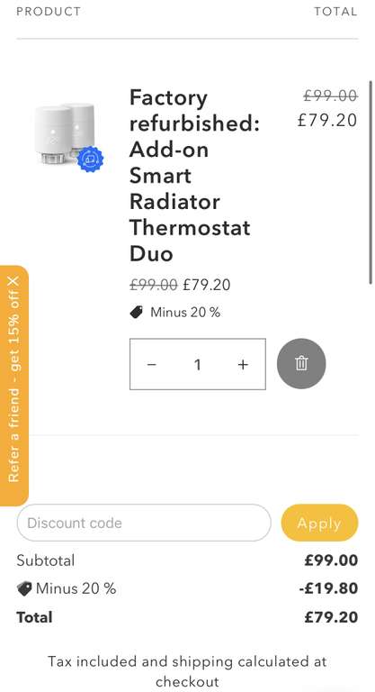 Factory Refurbished: Add-on Smart Radiator Thermostat Duo £79.20 @ Tado