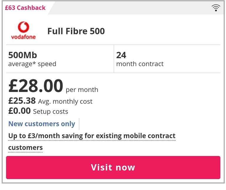 Vodafone Full Fibre 900 £34 For 24 Months + £63 TCB (Openreach Areas)