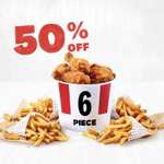 50% off 6 piece bargain bucket (6 pieces of chicken & 4 fries) via app pickup - £6.99 @ KFC