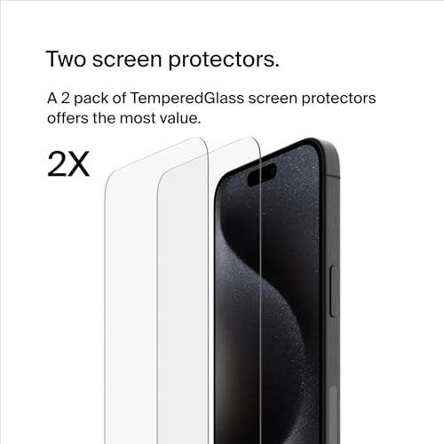 Belkin 2pk Tempered Glass Screen Protector for iPhone 15 Pro Max, Crystal Clear, Scratch-Resistant, Easy Align Frame, Amazon Exclusive