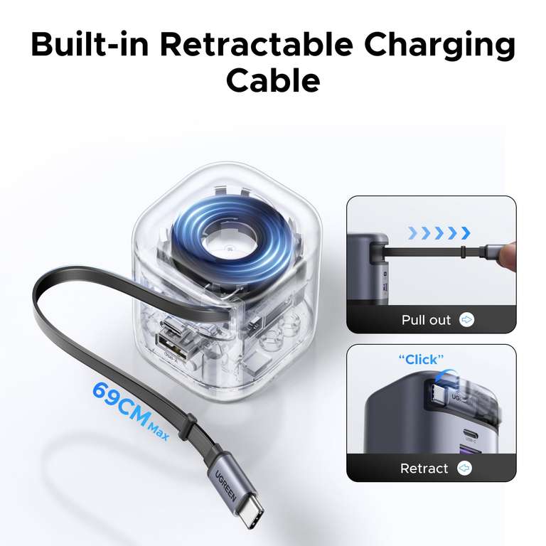 UGREEN USB C Charger 45W 3 Port Fast Charger with Retractable Cable £16 ...