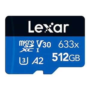 Lexar 633x 512GB Micro SD Card, microSDXC UHS-I Card + SD Adapter, microSD Memory Card up to 100MB/s Read, A2, Class 10, U3, V30