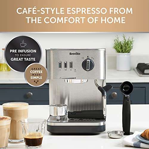 Breville VCF149 Bijou Espresso Coffee Machine, Automatic & Manual Espresso, Cappuccino & Latte Maker, 15 Bar Pump (Silver) - £99.99 @ Amazon