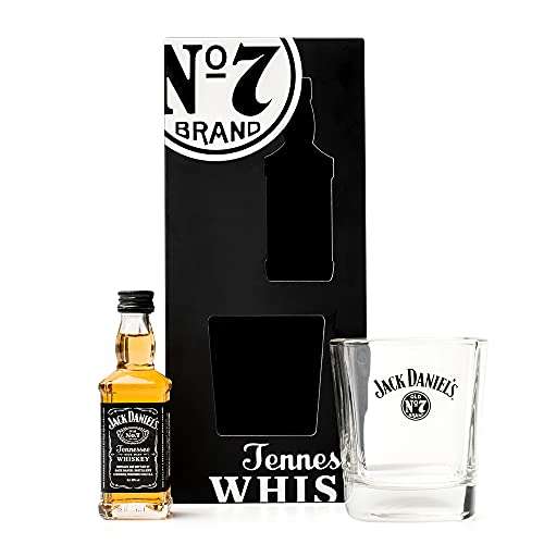 Jack Daniels Gifts - Official Jack Daniel's Old No. 7 Tennessee 5cl JD Whiskey Alcohol Miniature and Whisky Glass Rocks Tumbler