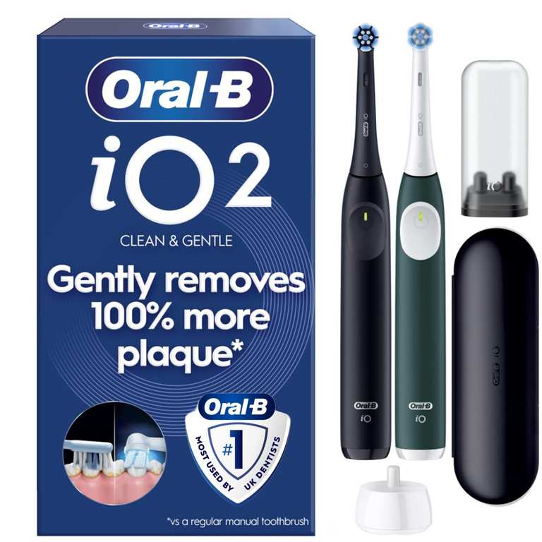 Oral-B iO2 Electric Toothbrushes, 2 Handles, Night Black & Forest Green - Travel Case, Travel Refill Holder