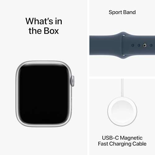 Apple Watch Series 9 [GPS 45mm] Smartwatch with Silver Aluminum Case with Storm Blue Sport Band M/L