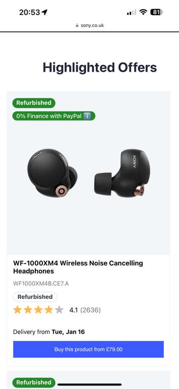 Refurbished Sony WF-1000XM4 Wireless Noise Cancelling Earphones