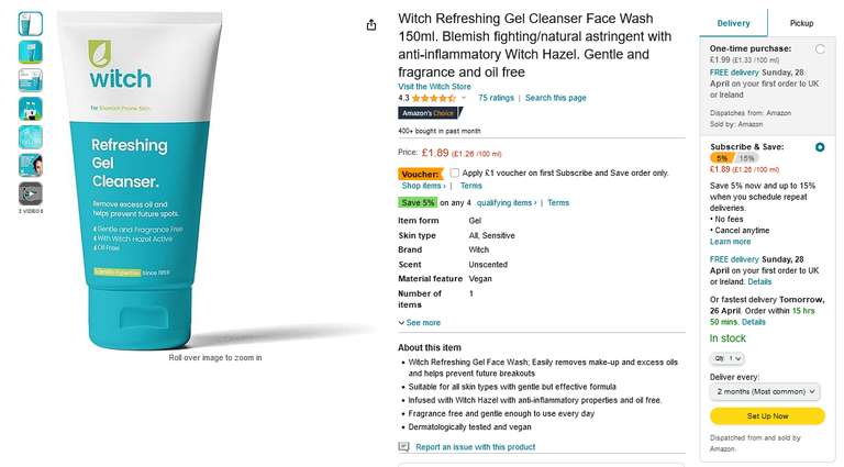 Witch Refreshing Gel Cleanser Face Wash 150ml (89p / 69p with S&S + £1 off Voucher)