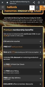 Free MOT + £10 voucher and other benefits when joining the Halfords premium club £4.99/ month