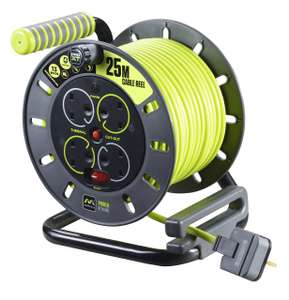 Masterplug Pro-XT 25m Four Socket Open Cable Reel Extension Lead with Thermal Cut Out and Power Switch