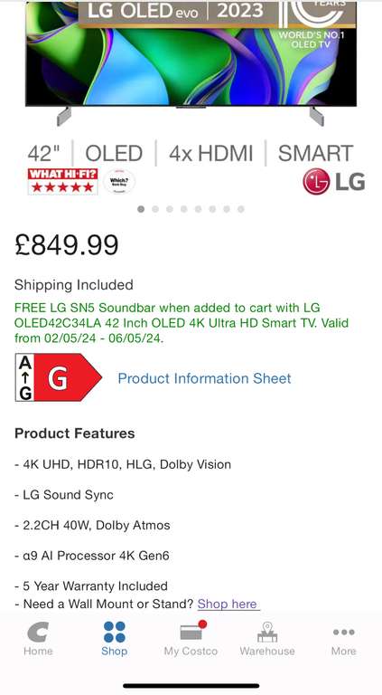 FREE LG SN5 Soundbar with LG OLED42C34LA 42 Inch OLED 4K Ultra HD Smart TV