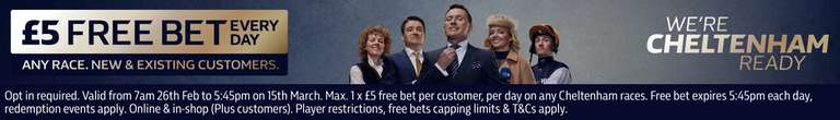 £5 free bet for each day of The Cheltenham Festival - new + existing accounts