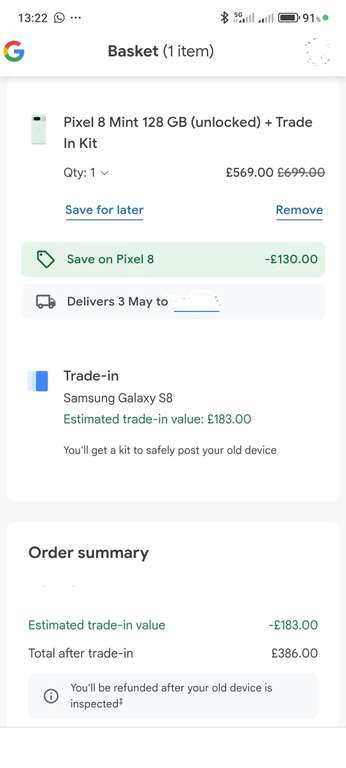 Pixel 8 128GB - £386 with trade in