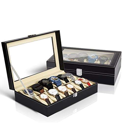 Uten Watch Boxes 12 Slots, Watch Box for Men, Watch Display Case, Watch Storage Box with Removable Cushion, Metal Clasp, PU Leather, Black
