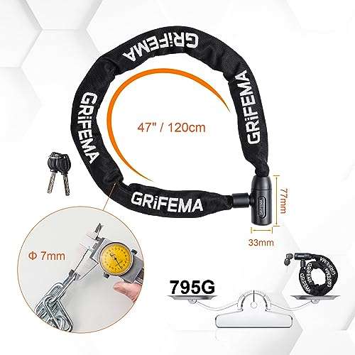 GRIFEMA GA1201-12 Bike Locks High Security with 2 Keys, Bike Chain Lock Heavy Duty, 120cm Bicycle/Cycling Lock