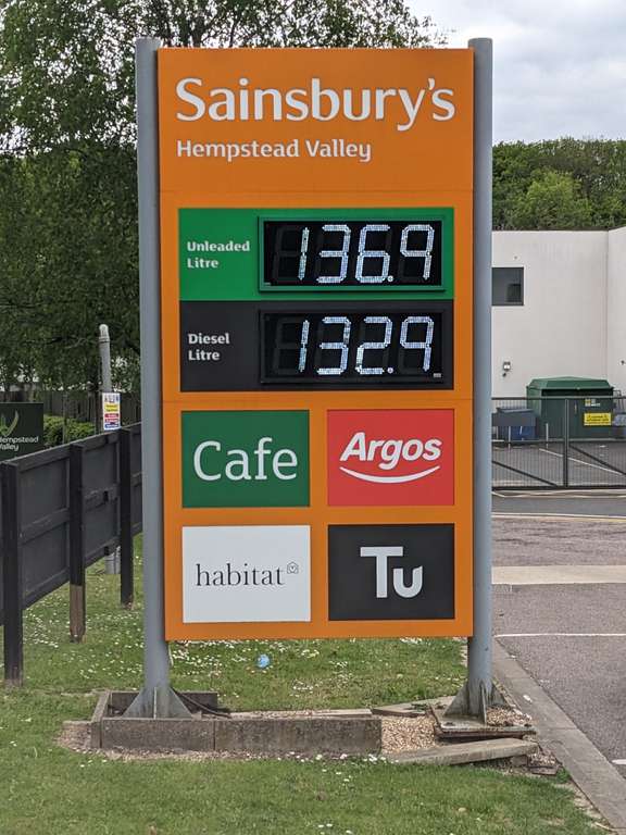 Unleaded £1.369 per litre. Diesel £1.329 per litre at Sainsbury's Hempstead Valley (Kent)
