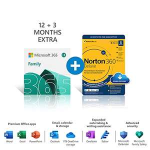 Microsoft 365 Family | 15 Months subscription | Office apps | up to 6 users + Norton 360 Deluxe or McAfee - £52.99 @ Amazon