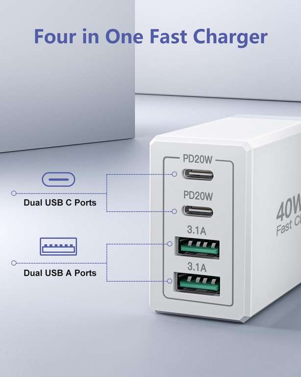 USB C Plug, 40W 4-Port Fast USB C Charger PD Power Adapter + QC USB A Wall Charger Sold by Yosou-UK FBA