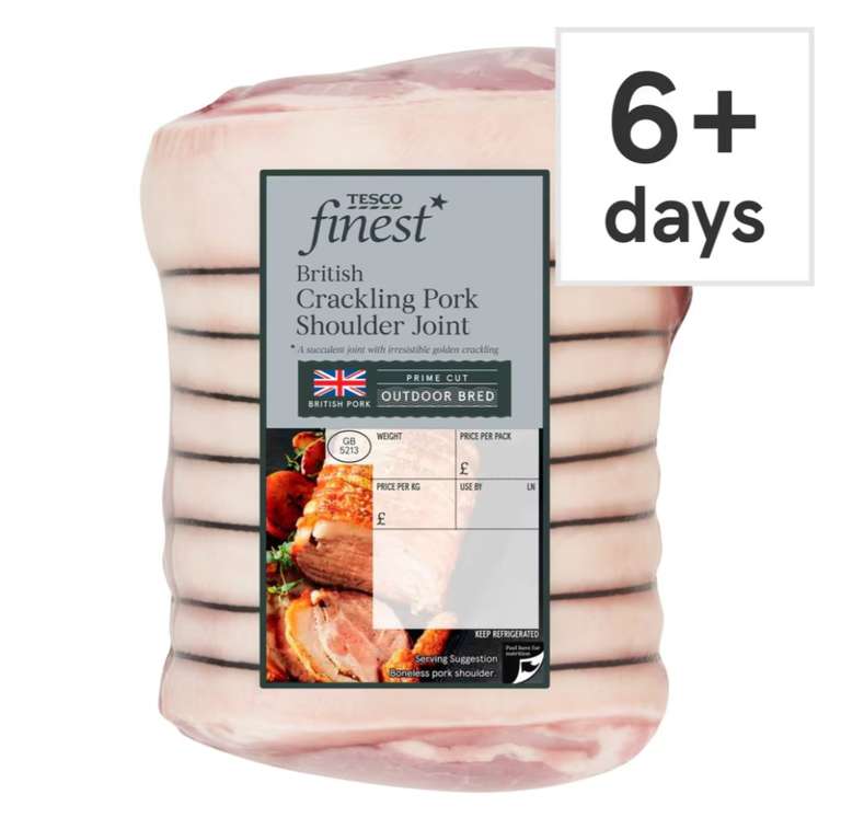 £4 per kg (Half Price) Tesco Finest British Crackling Pork Shoulder Joint 1.6kg-2.2kg Clubcard Price