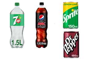 7UP Regular 1.5L - 65p / Pepsi Max 1.5L - 77p / Sprite 150ml - 25p / Dr Pepper 150ml - 27p @ Ocado