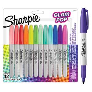Sharpie Glam Pop Permanent Markers | Fine Point for Bold Details | Assorted Vibrant Colours | 12 coloured Marker Pens