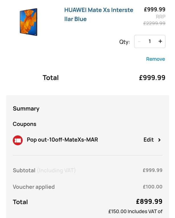 Huawei Mate Xs Folding Phone £899.99 with code @ Huawei