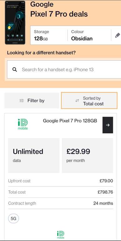 Google Pixel 7 Pro, ID Mobile, Unlimited Data, £29.99 pm £79 upfront 24 months contract £798.76 total cost via Uswitch @ iD Mobile