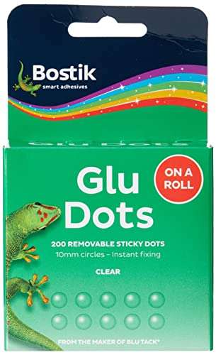 Bostik Glu Dots on a Roll - Removable, Double Sided Glue Dots, For Instant Fixing & Crafts, Easy to Use, No Mess, Clear, x200 Glu Dots