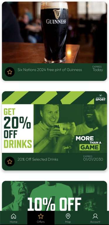 Free pint of Guinness or Guinness 0% via Greene King Sports app