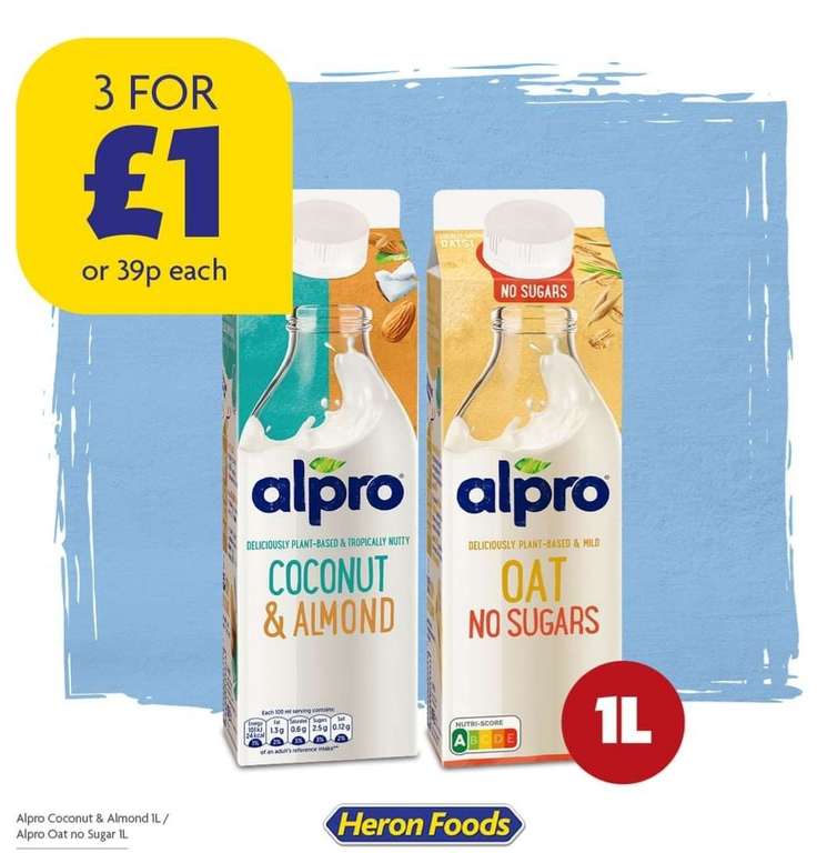 Alpro 1 litre - Coconut & Almond / Oat No Sugar - 39p each [3 for £1]