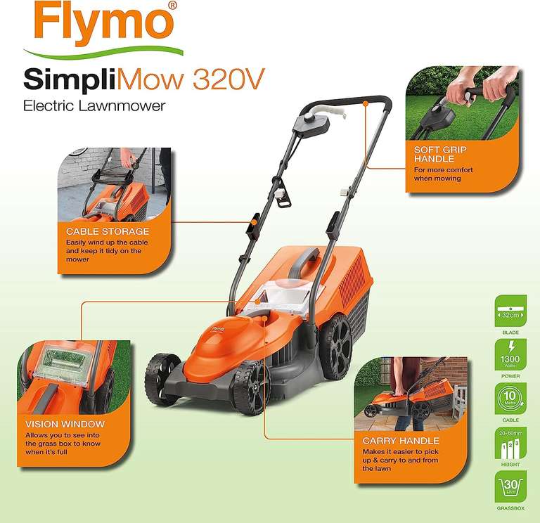 Flymo SimpliMow 320V Wheeled Electric Lawnmower - 1300 W Motor, 32 cm Cutting Width, 30 Litre Grass Box, Soft Grip Handles