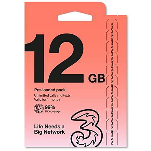 Three Pre-Loaded PAYG SIM - 12GB Data & Roam in 71 Countries for no extra charge (Inc USA, Oz, Israel and EU) £9.49 + £2.99 NP @ Amazon
