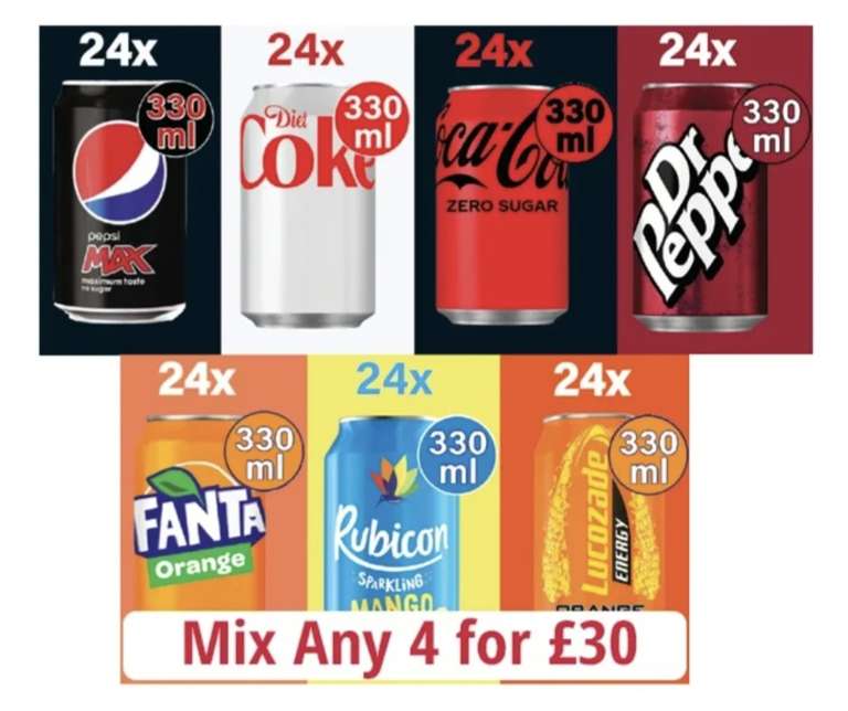 24 x Coke Zero / Diet Coke / Fanta Orange / Dr Pepper / Rubicon Mango / Pepsi / Lucozade 4 for £30 mix & match @ Farmfoods