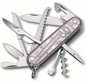 Victorinox Huntsman Swiss Army Knife, Medium, Multi Tool, Camping Knife, 15 Functions, Large Blade, Bottle Opener, Silver Transp.